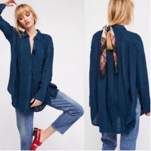 Free People Cozy Nights Top Striped Button Up Flowy Tunic Teal Size Medium Blue